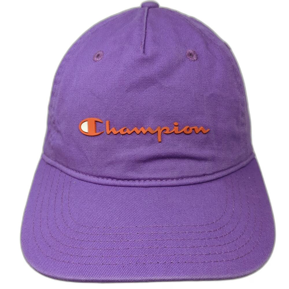 Champion 5 Panel Purple Hat One Size Cotton Script Logo Slideback Adjustable